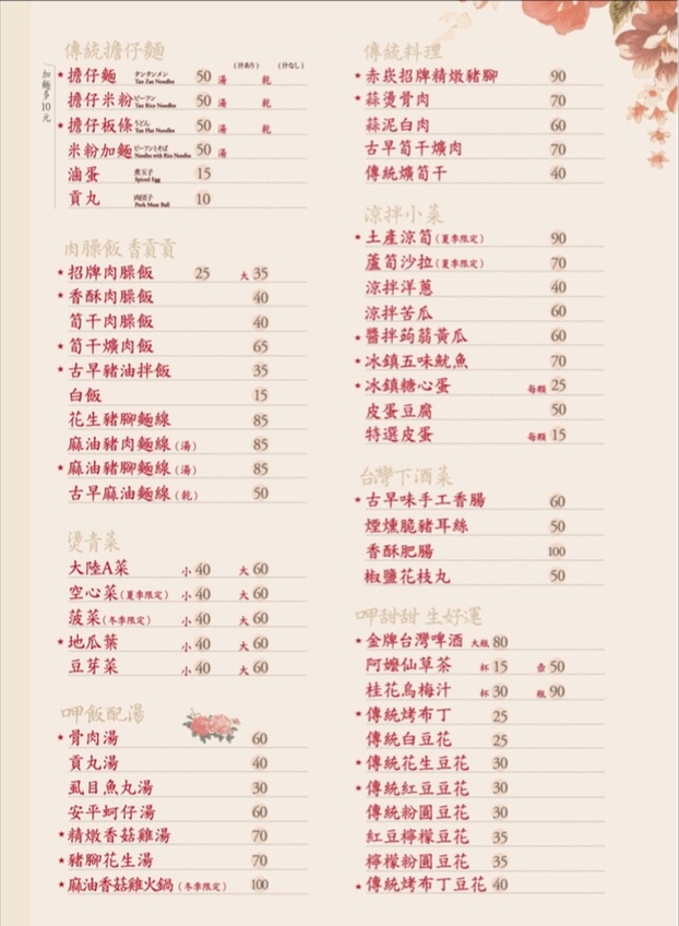 台南赤崁擔仔麵菜單