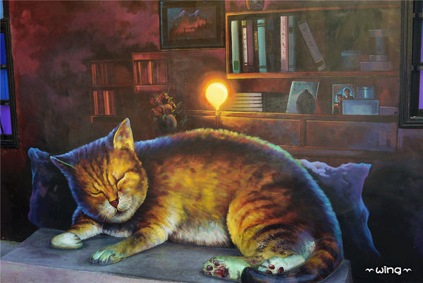 屋頂上的貓。頂溪3D立體彩繪村：［雲林］和貓咪喝咖啡。【屋頂上的貓】頂溪社區立體彩繪村