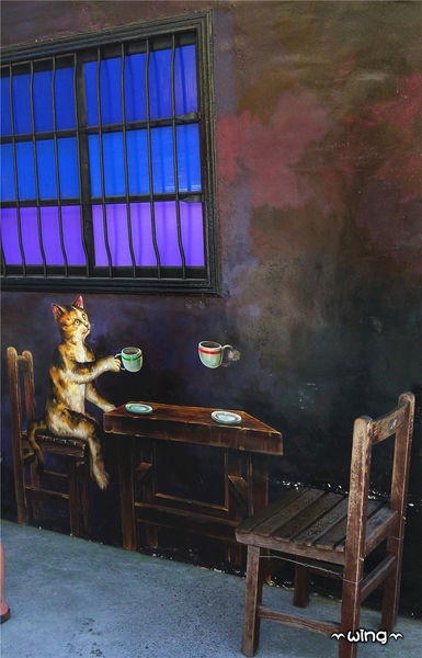 屋頂上的貓。頂溪3D立體彩繪村：［雲林］和貓咪喝咖啡。【屋頂上的貓】頂溪社區立體彩繪村