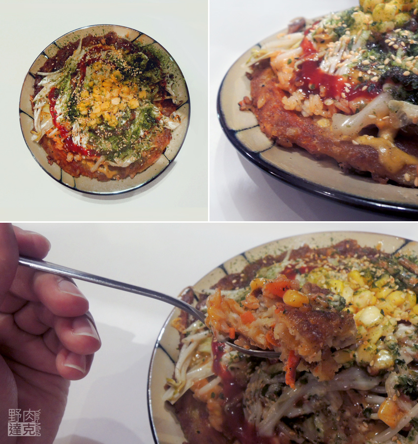 炒飯與餅皮伴著濃濃的起司與蔬菜入口，素食可食