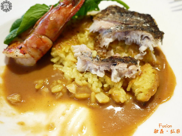 Fusion 融義.私廚：隱藏在巷弄內的義法料理「Fusion融義‧私廚」，海大蝦跟鱸魚好威~