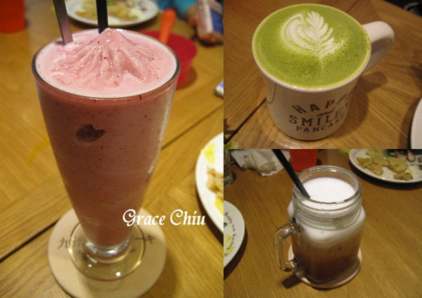 富錦街九州鬆餅~綜合莓果思慕昔．日式抹茶拿鐵還有一杯好像是點了鮮奶茶