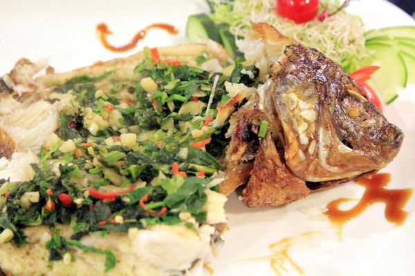 清境水擺夷民宿餐廳,奇珍包料魚,清境高麗菜,酸木瓜湯,雲南椒麻雞