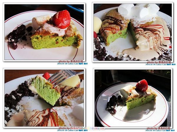 Coffee Cafe' 咖啡珈琲：(台南。中西區美食) Coffee Cafe' 咖啡珈琲 /  咖啡。甜點。正餐。陪你度過一個慵懶靜謐的個人時光!  / 抹茶厚鬆餅，舒芙蕾的綿密濕軟口感，絕不能錯過喔!