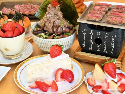 台中人氣炸牛排再推新品～美到不行的草莓季限定甜點，還有可愛的明太子烤飯糰，嵐山不只炸牛排好吃，甜點也超讚～