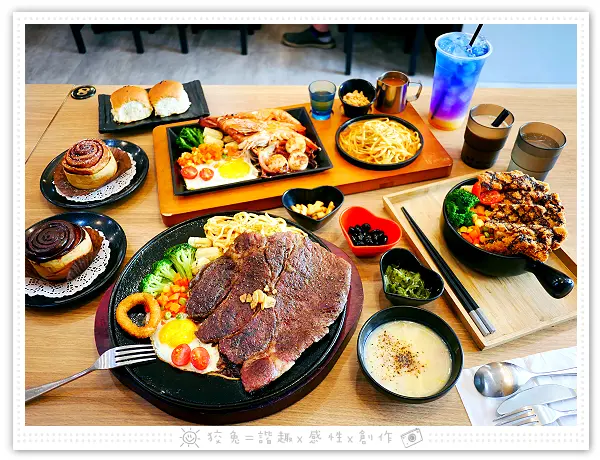 [雲林美食] 拐彎抹角炙燒牛排~雲林斗六平價牛排館推薦！大份量原肉牛排、澎湃海鮮拼盤！內用享自助吧吃到飽！另售肉桂捲、手搖飲！