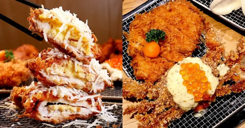 包裹榴槤泥的豬排超吸睛，搭配裹上薄麵衣的大size軟殼蟹口感超酥脆，白飯、味噌湯和菜絲通通吃到飽