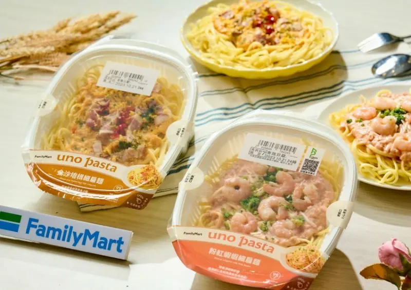 全家「粉紅蝦蝦細扁麵」、「金沙培根細扁麵」 / WalkerLand窩客島整理提供 未經許可不可轉載