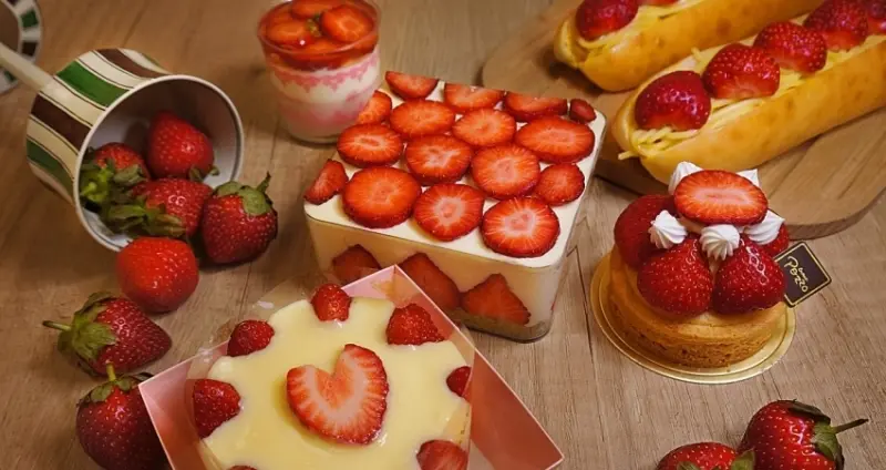 草莓麵包再加1！普諾麵包坊．忠孝店推出「銅板價」草莓系列商品，超過15款高顏值新鮮草莓烘焙、甜品。