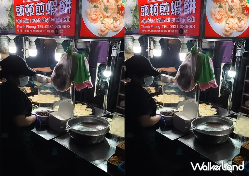 桃園夜市必吃「頭頓煎蝦餅」15元一口煎蝦餅/ WalkerLand窩客島整理提供 未經許可不可轉載。