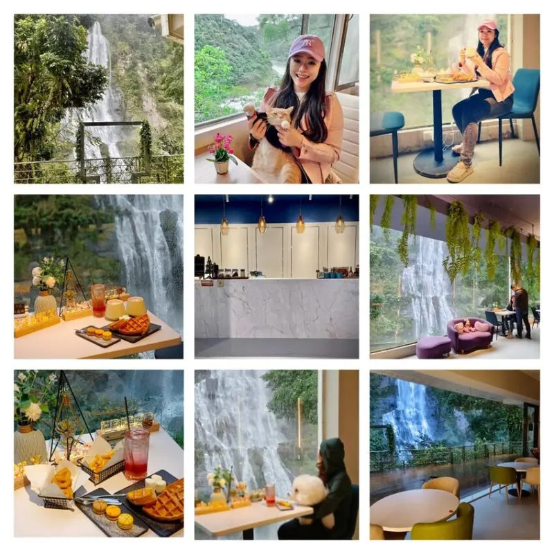 【新北.烏來】超美景觀咖啡廳。瀑布3號面情人瀑布+寵物須裝提籠+咖啡鬆餅+馬卡龍+奶茶