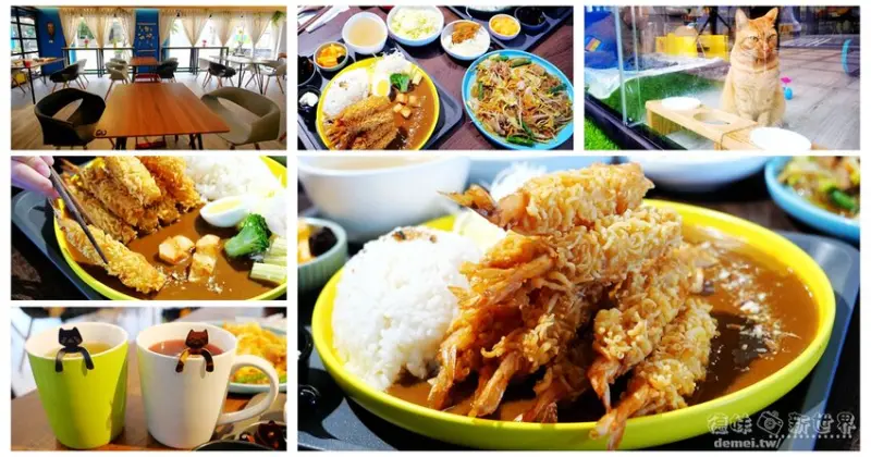 桃園市中壢區美食推薦【添飯Woo】近內壢│複合式異國料理│可接觸貓狗寵物屋&寵物友善│金字塔般視覺感的特盛炸蝦咖哩飯 - 德妹看新世界
