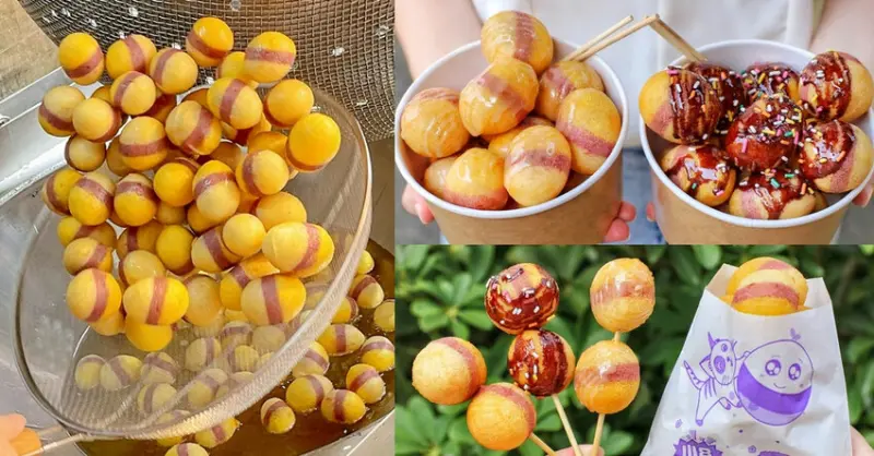 小8三色地瓜球一中店：全台獨賣煉乳、巧克力淋醬地瓜球，三種地瓜純手工製作超大顆