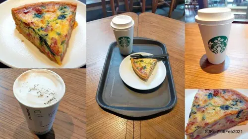 「Starbucks 星巴克草山門市」--- 點「煙燻奶油糖風味那堤」與「洛林鄉村風鹹派」優惠組合，愜意放空一下午。