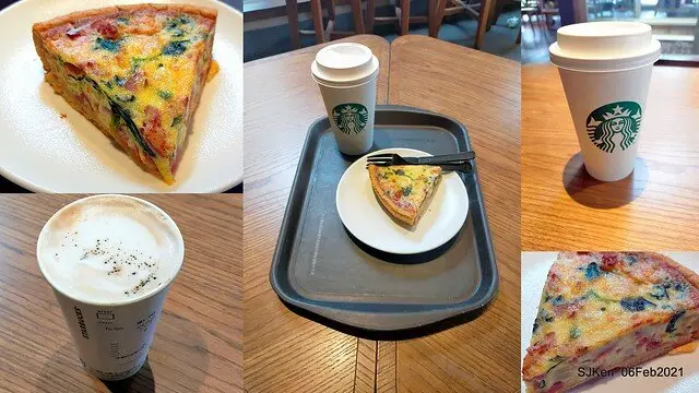 「Starbucks 星巴克草山門市」--- 點「煙燻奶油糖風味那堤」與「洛林鄉村風鹹派」優惠組合，愜意放空一下午。
