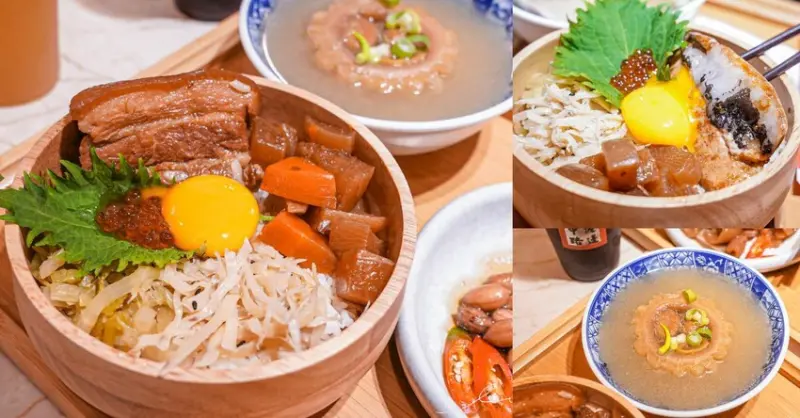中友百貨必吃美食，主打平價台式丼飯，超大控肉月見飯＋虱目魚肚湯很滿足！