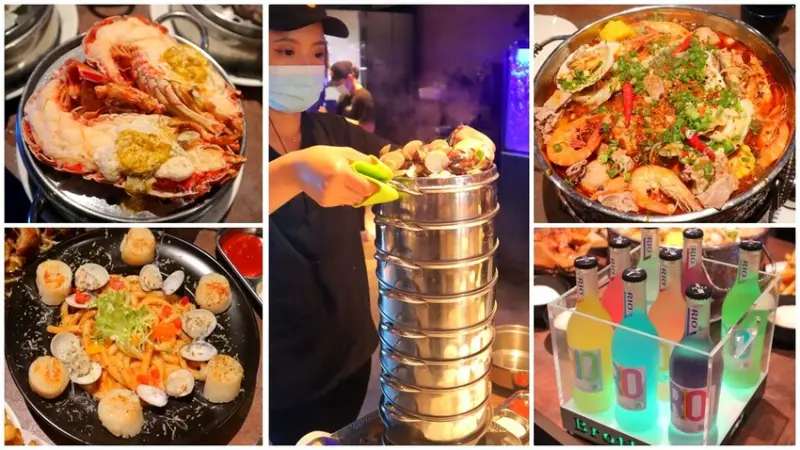 台中超浮誇101海鮮塔進軍逢甲，營業到半夜1點，有小紅書超紅的RIO雞尾酒，最猛雞湯無限暢飲