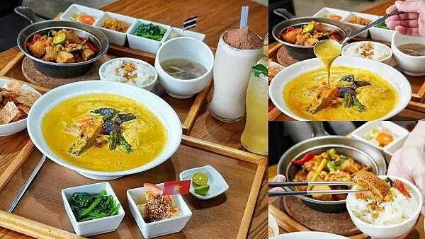 熱浪島南洋蔬食茶堂-台中蔬食餐廳推薦，多道創意蔬食料理，必吃濃郁椰香十足的叻沙麵及滿滿美祿粉的恐龍奶茶，戶外還有沙坑區大人小孩開心玩