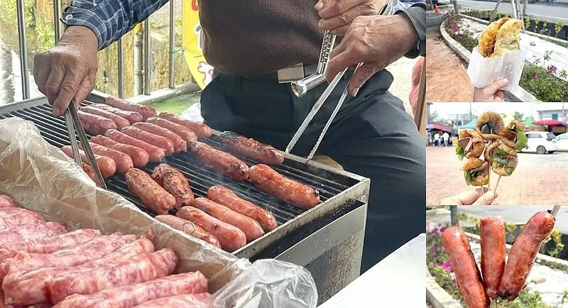 宜蘭縣冬山鄉【宜蘭冬山】武淵香腸伯 炭火現烤最好吃！特殊奇景香腸瀑布、香腸門簾，還有一串心、花生捲香腸、蔥油餅。