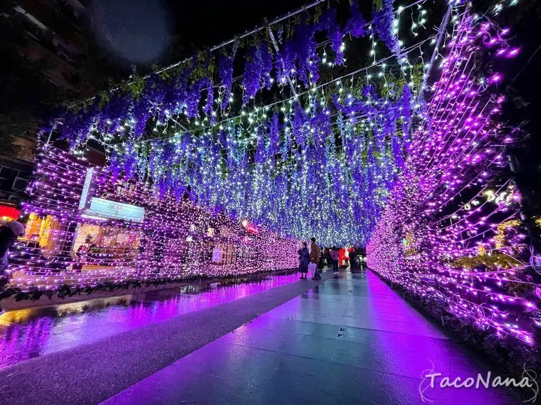 2021淡水耶誕燈會》10公尺高聖誕窗屋、浪漫紫藤花光廊、4公尺高聖誕熊禮盒、閃亮亮復刻舊火車頭,點亮最美