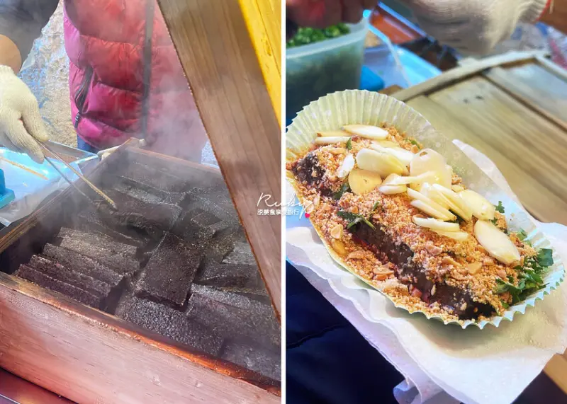 【烏來老街美食】烏來必吃的排隊美食-馬紹豬血糕，大把顆粒花生粉撒在軟Q豬血糕上，新鮮蒜片獨特好味道｜Ru