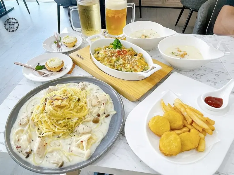 NU PASTA 義大利麵 台中崇德店，台中豪華雙人套餐588元，開胃菜、主餐、湯品、飲品、甜點一次擁有超划算，2D黑白漫畫風餐廳就在這家