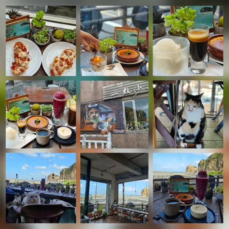 一粒沙咖啡館。內有店貓可攜帶寵物不能落地。烤布蕾+凍檸咖啡+檸香起士蛋糕。超推無敵海景