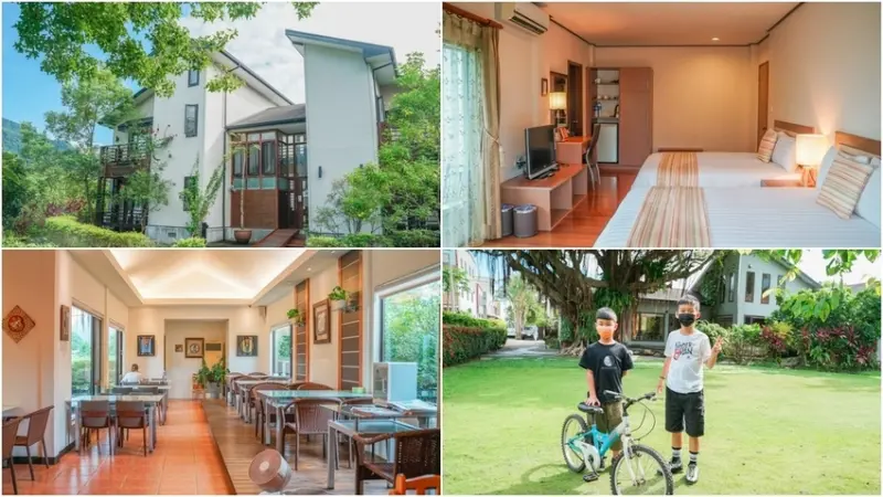 金澤居民宿 ▏房內大片玻璃窗擁入山巒美景 被綠意環抱的綠建築民宿。大草皮、餵魚、腳踏車、下午茶 通通無料孩子玩瘋啦~。花蓮住宿