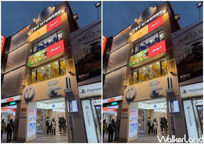 ▲「TOY NIVERSE八德一號店」外觀以巨型扭蛋機設計打造，夜晚亮起燈更顯眼，成為忠孝新生商圈最新打卡地標。(攝影：鄭雅之)