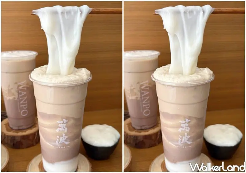 ▲萬波新品「米麻糬芋泥奶茶」加入新配料「米麻糬」和芋泥混搭。 (攝影：鄭雅之)