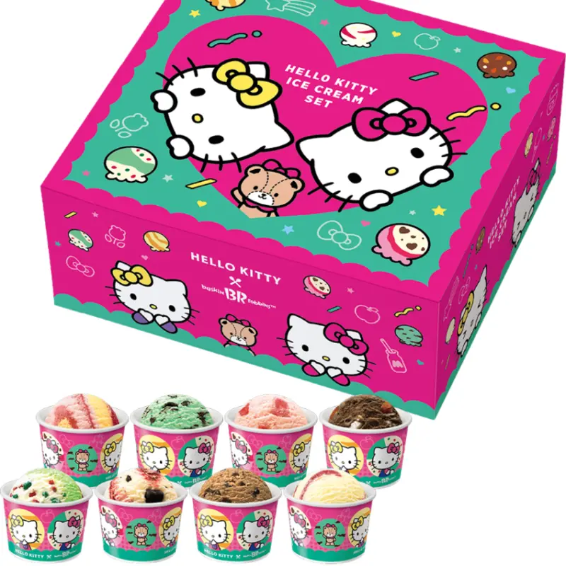 可以自由挑選8球喜歡的口味，用心型框裡探出頭的Hello Kitty們圖案外盒帶回家。