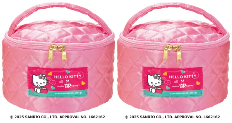 ▲隨附的「Hello Kitty化妝包」採用粉紅緞面車縫布料製作。