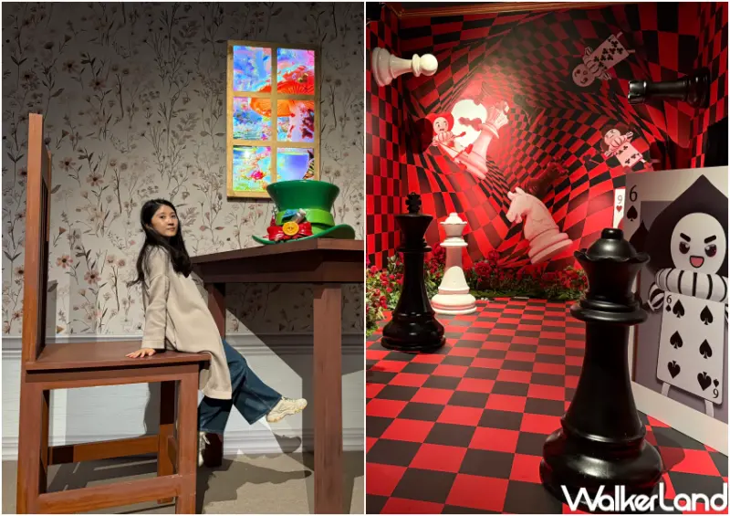 ▲愛麗絲典場景神還原!「白兔之家」拍出縮放視覺錯亂感,「紅心宮殿」與撲克牌士兵等你擺拍。(攝影:鄭亦庭)