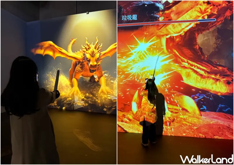 ▲不只好拍還能玩!體驗沉浸式互動投影,拿劍攻擊垃圾龍、手電筒尋找柴郡貓。(攝影:鄭亦庭)