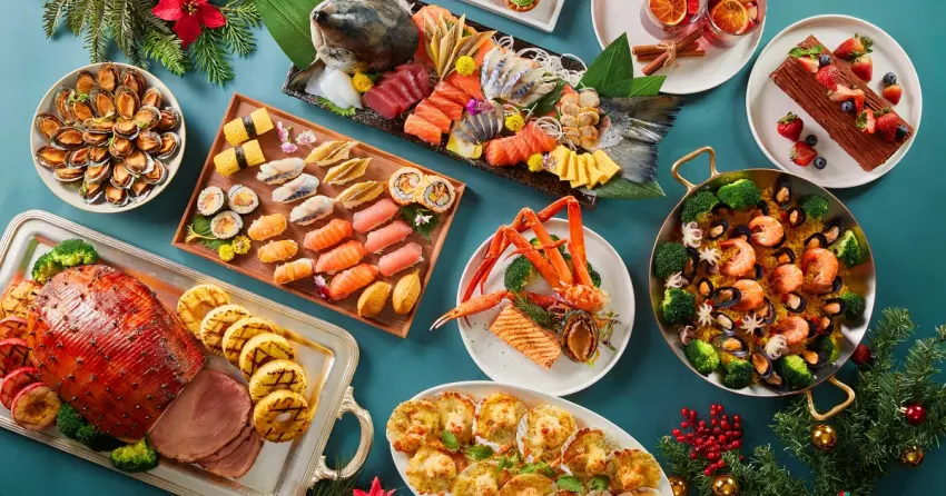 新北耶誕城吃到飽攻略！50樓Café高空平日午餐4人同行1人免費、耶誕火雞、松葉蟹腳一次吃到很飽。