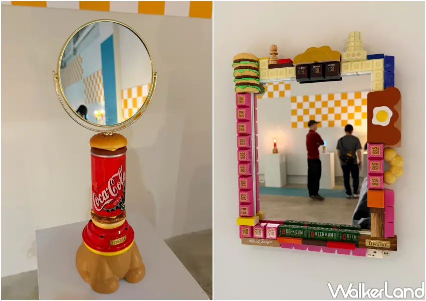 ▲台北東區展覽《Mixed Foods》作品結合燈具、時鐘、延長線等,都能看到各種食物、角色人物被組合在一起。(攝影:鄭亦庭)