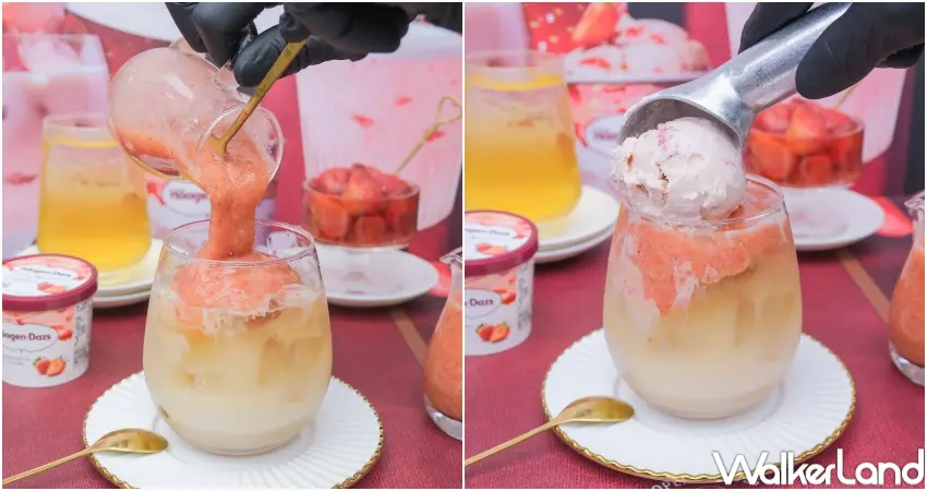 ▲爽口系八曜和茶草莓白奶茶、濃口系冰淇淋白奶茶兩款開喝。（攝影：張人尹）