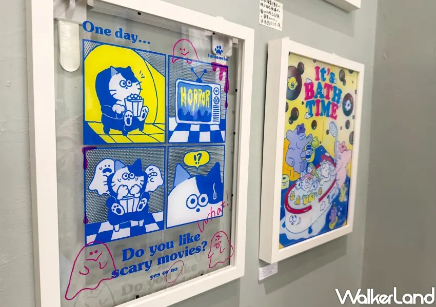 ▲中山站展覽免費參觀！一樓咖啡廳、二樓插畫選物空間展出tamaneko多款原畫、周邊全都能買。(攝影：鄭亦庭)