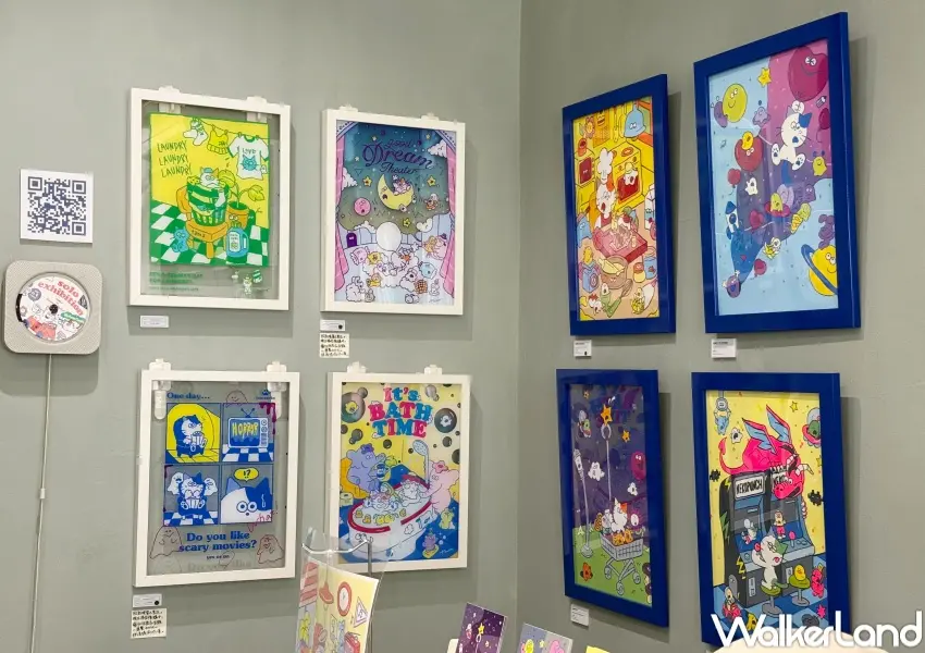 ▲赤峰街二樓插畫展空間超可愛！日本插畫家tama帶來透明掛畫、原畫，全部都能訂購買回家。(攝影：鄭亦庭)