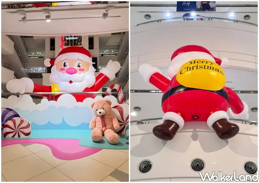 ▲桃園台茂聖誕節裝置藝術，3樓有攀爬的聖誕老公公跟大家打招呼。