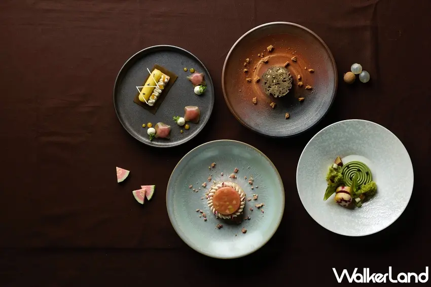 ▲In Between 之間餐廳甜點「抹茶覆盆子｜茉莉鹹楊桃｜紅烏龍芭樂｜桂圓巧克力」。