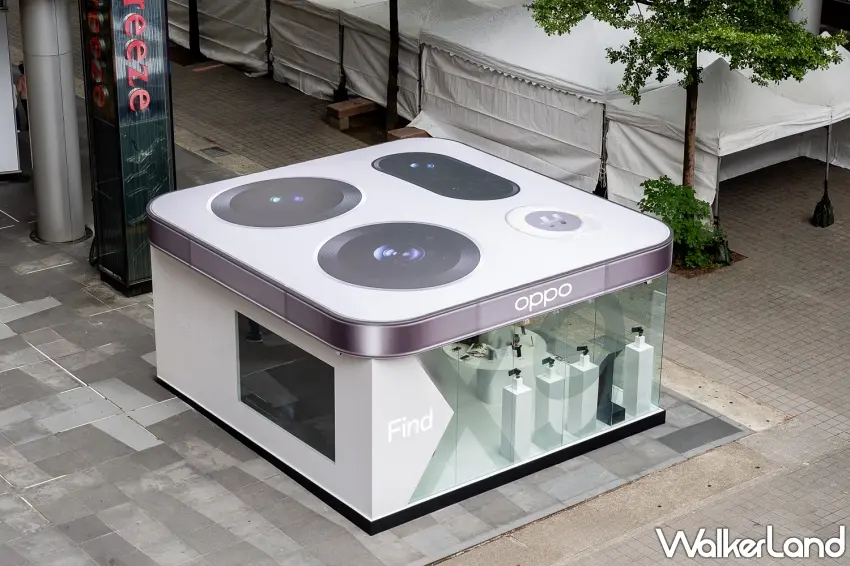 ▲OPPO Find X9 系列限時體驗空間,以象徵全機靈魂的「哈蘇鏡頭」為設計靈感,打造獨特造型屋頂,成為台北信義區最亮眼的新地標