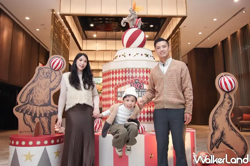 ▲板橋凱撒大飯店打造以紅白蛋糕與大象為主軸的馬戲團蛋糕陳列,營造充滿節慶與夢幻氛圍