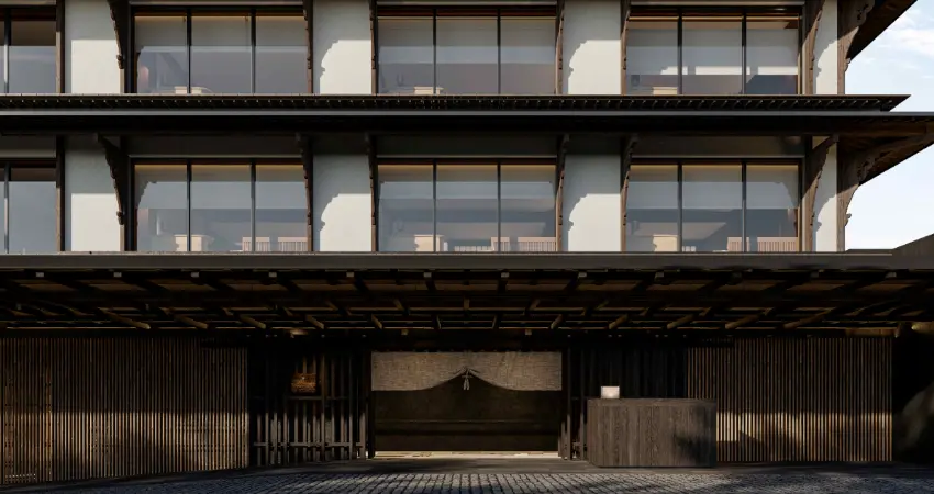 ▲仿祇園風情的小巷兩側排列障子門，空間中隱約傳來潺潺水聲。