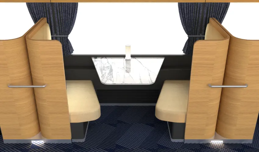 ▲單人座椅可依行進方向調整，前後都有桌面可使用。