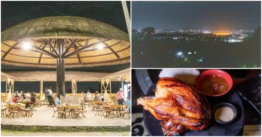 ▲原始部落山地美食的茅草棚與夜景相映,配上熱騰騰的桶子雞和烤魚,在山上邊吃邊看景真的很享受。(部落客:小虎食夢網)