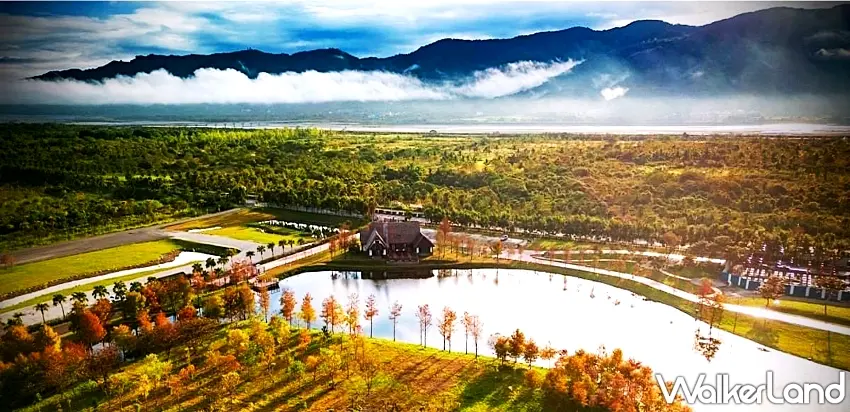 ▲理想大地知名美景落羽松進入轉色期,橘紅倒影映在湖面,景緻如畫。