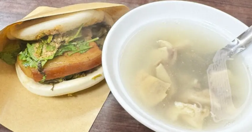 ▲源芳刈包的肥瘦五花肉與酸菜超級開胃,搭配熱騰騰的豬肚湯,在地人最熟悉的日常滋味。