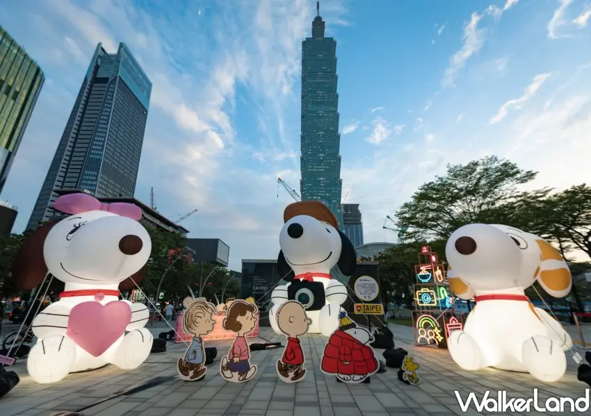 ▲台北市政府旁巨型史努比氣偶打卡點，搭配台北101為背景。