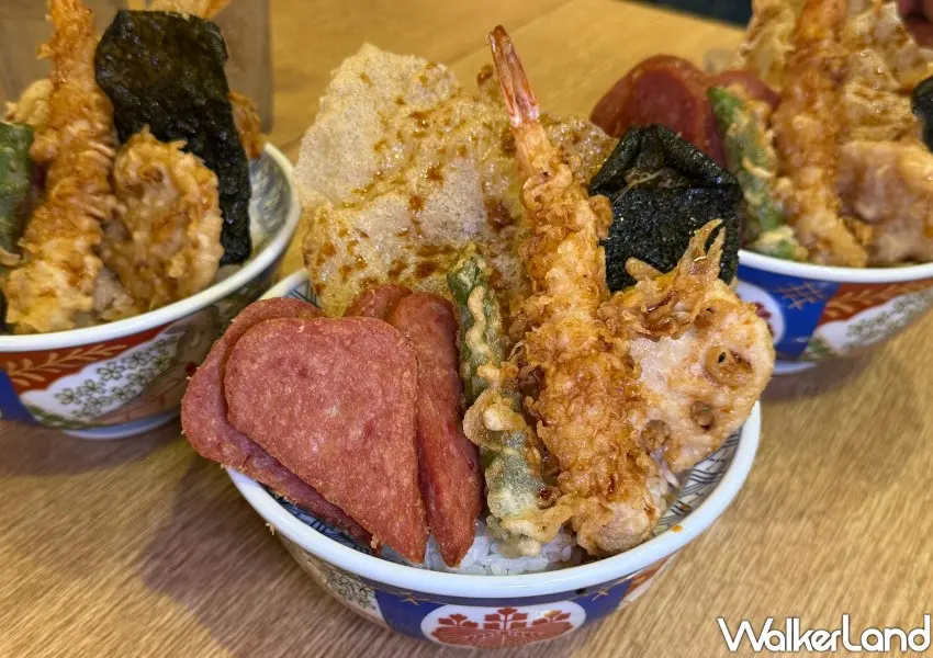 ▲金子半之助、LULU豬聯名餐點「午餐肉天丼」加入心型午餐肉。(攝影:鄭雅之)